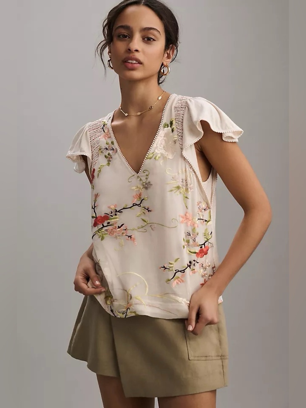 Anthropologie Ivory Floral V-Neck Flutter Sleeve Blouse